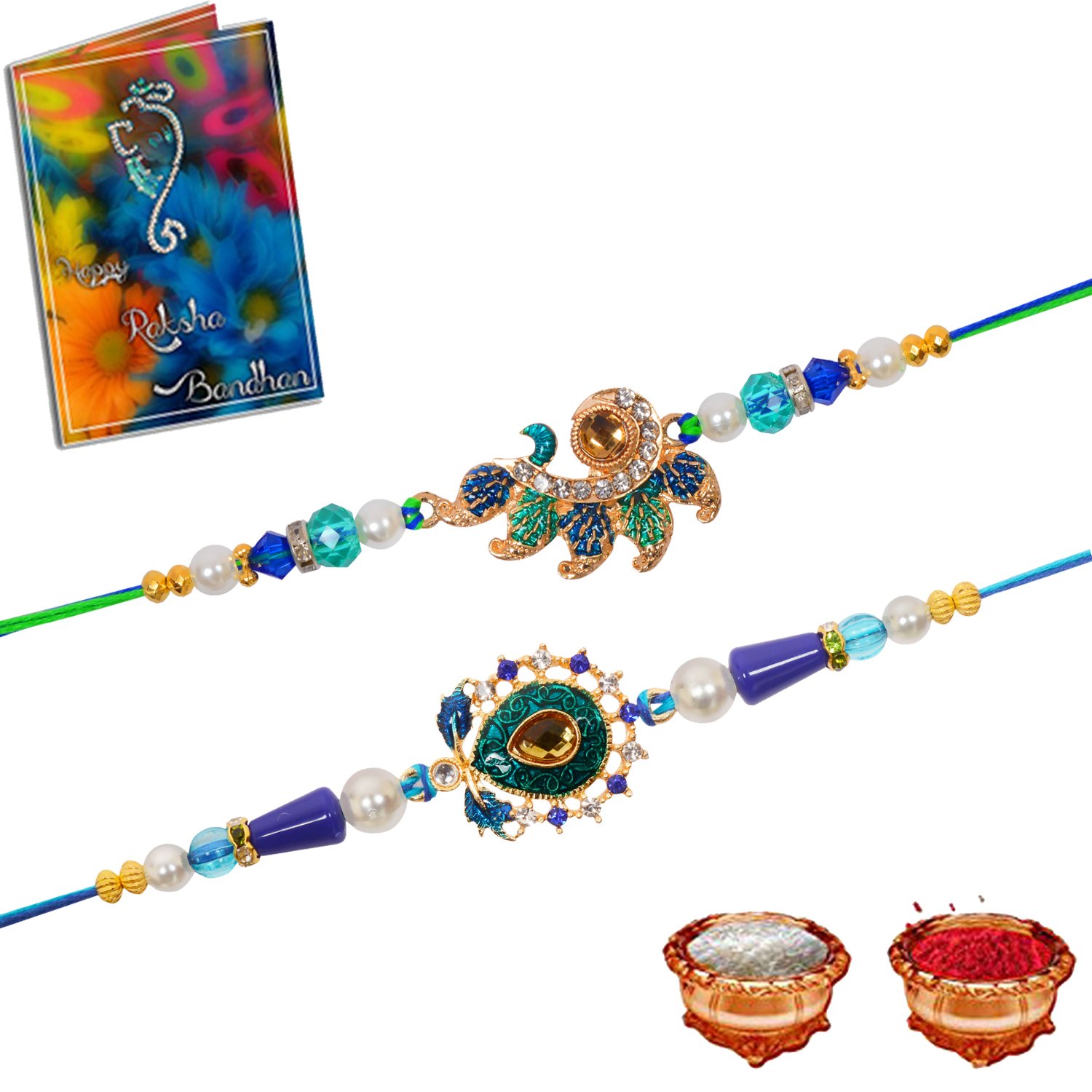 sinjara metal rakhi set for men with greeting card roli chawal (combo of 2)