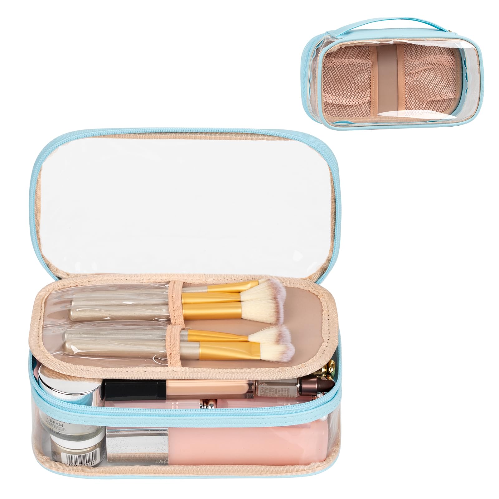Photo 1 of OCHEAL Clear Makeup Bag, Portable Makeup Storage Organizer Cosmetic Bag, Travel Makeup Bag Cute Pouch Women Girls Cosmetics Bags with Divider Makeup Brush Compartment-Lake Blue Clear