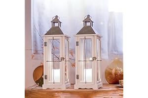 BDOR 2 Pack 26in Farmhouse White Waterproof Wood Metal Decorative Lanterns with Remote Control, Timer, Tempered Glass, Flameless Pillar Candles, Decorative Lanterns for Home Decor, Front Porch, Wedding