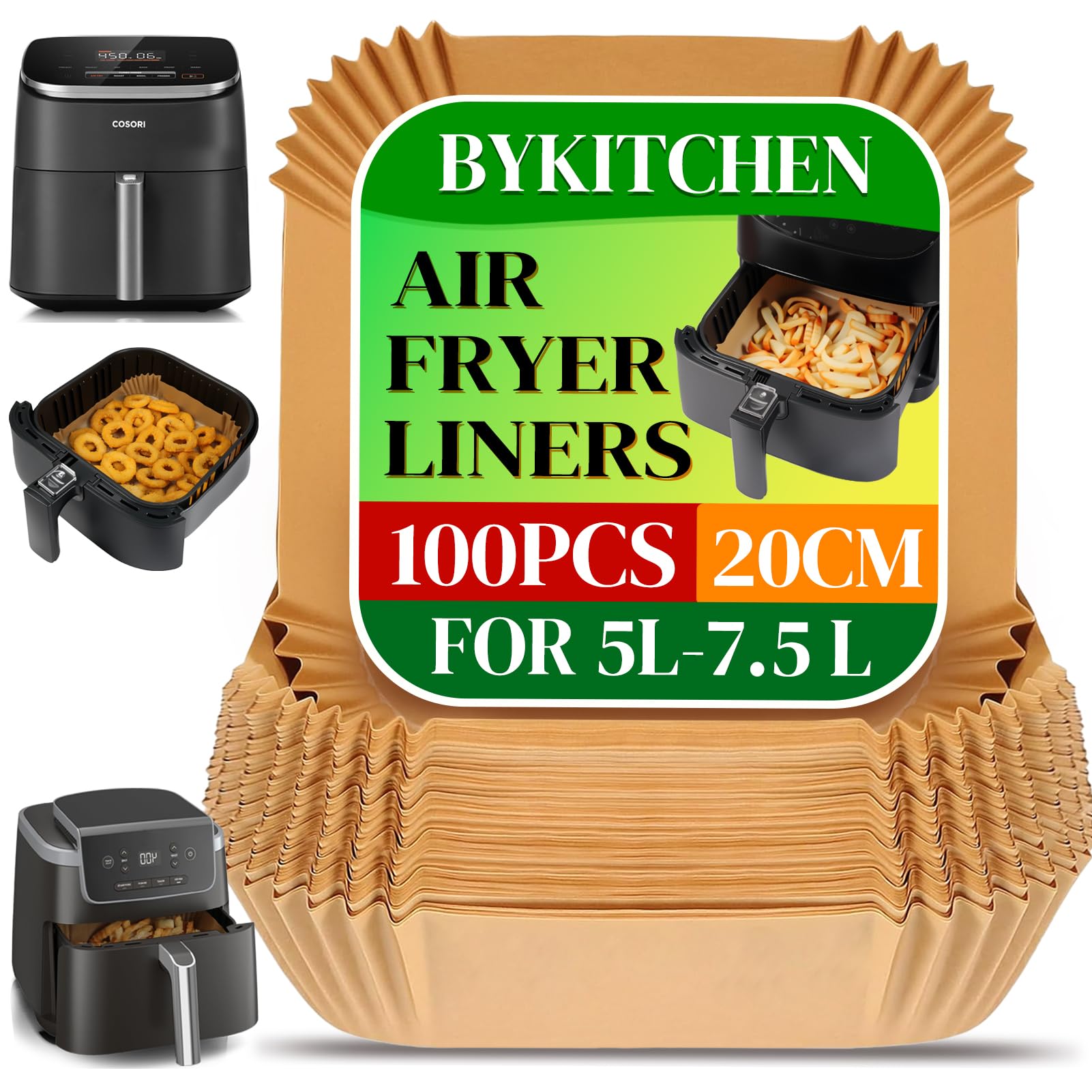 BYKITCHEN 100pcs Air Fryer Paper, 7.9 Inch Large Air Fryer Liner Disposable, Airfryer Accessories, Parchment Paper for Air Fryer, Compatible with COSORI, Ninja, Tower, Salter