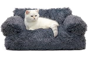 FAMIDGE Fluffy Pet Couch Bed, Washable Cat Bed for Indoor Cats, Calming Cat Couch, Pet Sofa Bed Puppy Sleeping Bed, Dog Couch for Medium Small Dogs & Cats up to 20lbs, Dark Gray, Large