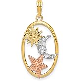 14k Two-Tone Gold Sun Moon Star Pendant for Women in Yellow White Rose Gold, Celestial Charm Necklace with Cosmic Balance Symbol, Boho Style Spiritual Jewelry with Dainty Astrology Design
