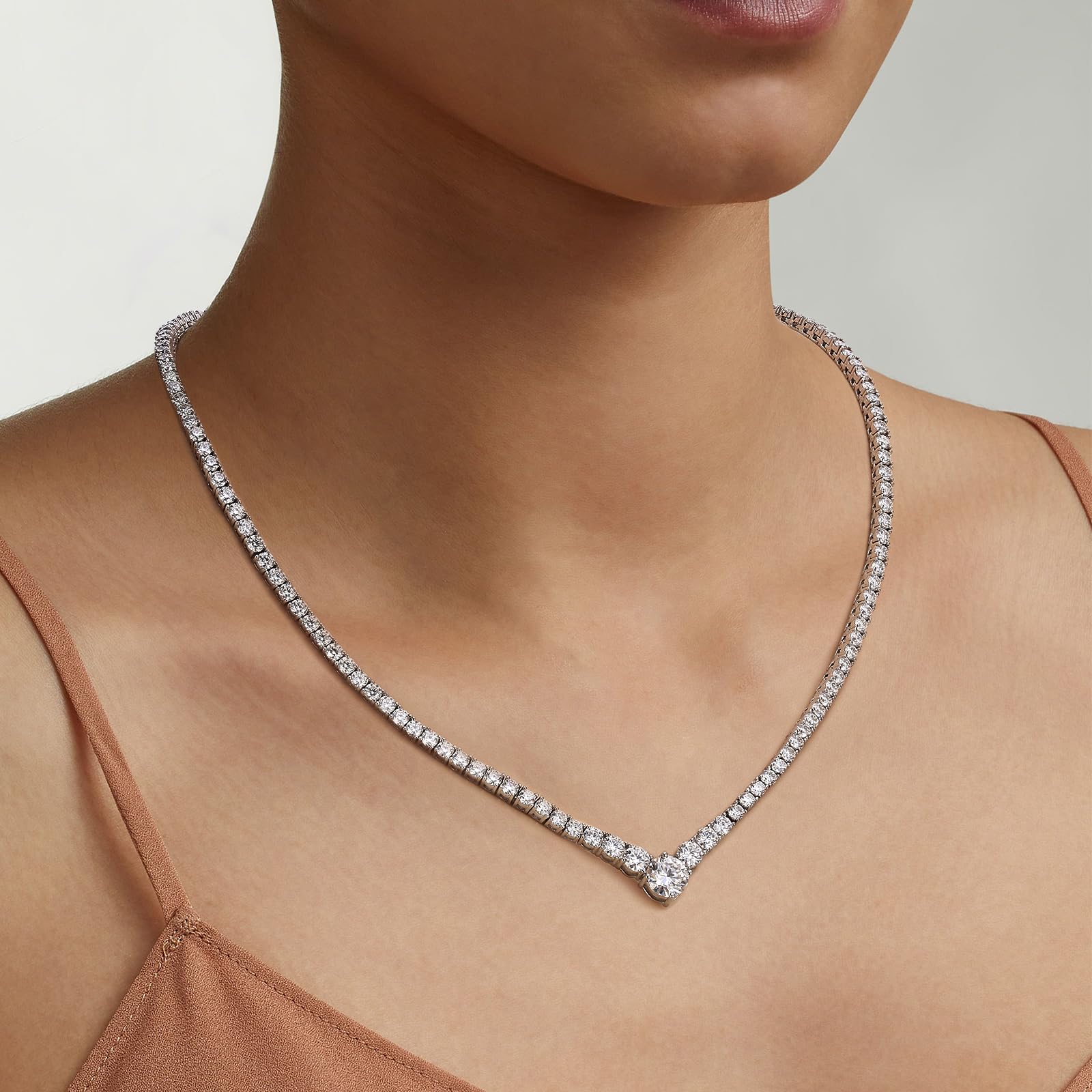 Gradual Moissanite Tennis Chain Necklace: 925 Sterling Silver VVS1 D Color 14k White Gold Plated V Shape Link Moissanite Necklace Dainty Lab Diamond Wedding Jewelry Gifts for Women Lady