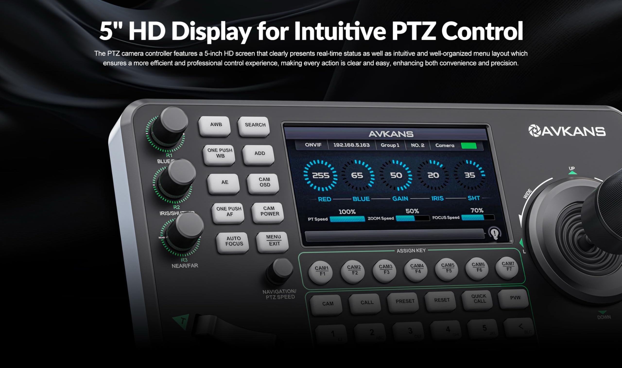 AVKANS PowerJoy PTZ Camera Joystick Controller, IP NDI PTZ Camera Controller Keyboard with 4D Joystick for Worship Church Live Streaming, NDI License Included (PTZ Controller with 5 inch Screen)