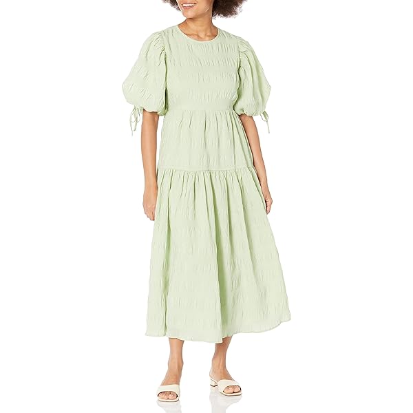 Moon River Women's Shirred Puff Sleeve Back Cut-Out MIDI Dress, sage, S at  Amazon Women's Clothing store