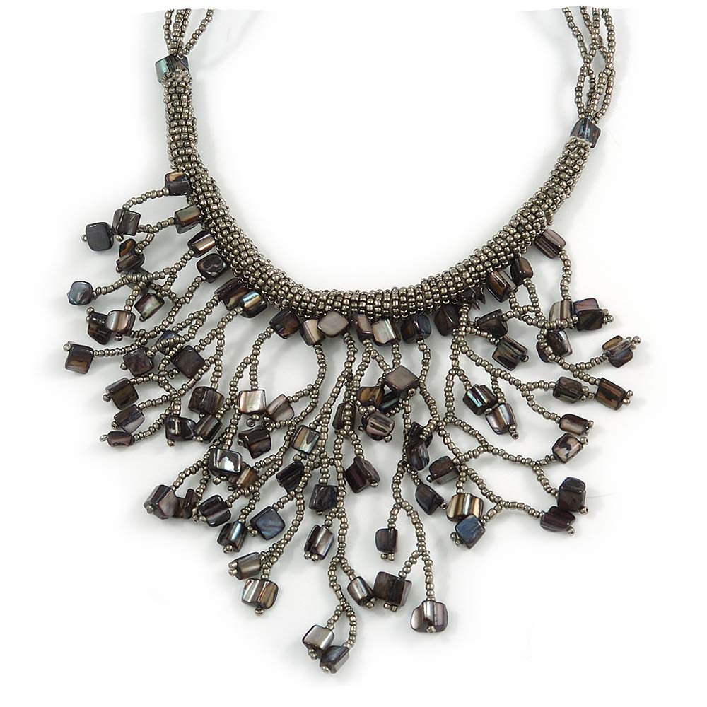 Avalaya Statement Silver Grey Shell Nugget, Glass Bead Fringe Necklace/ 42cm L/ 11cm Front Drop