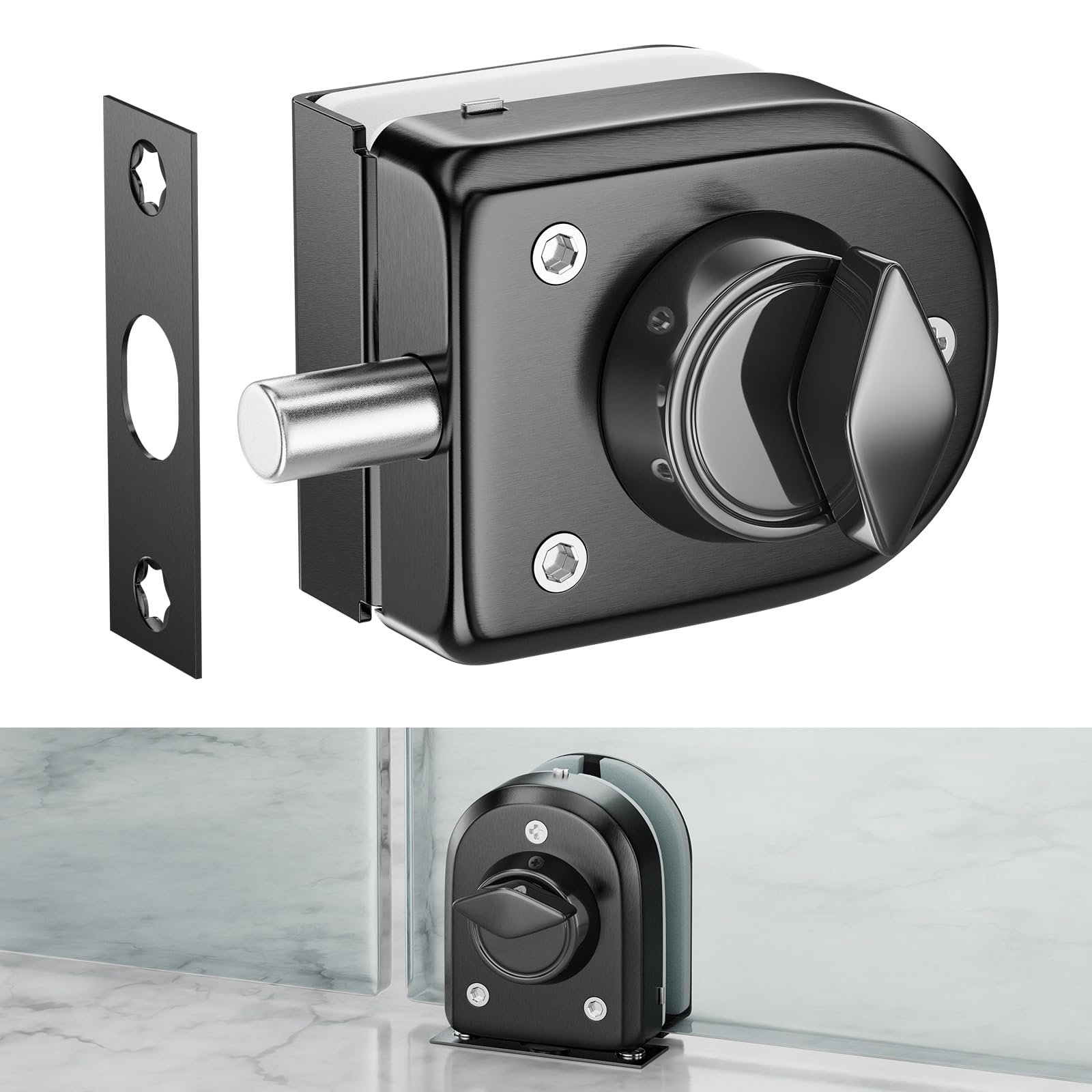 Ranbo Frameless Swinging Door Floor Bolt Lock, No-Drill, 304 Stainless Steel, for 3/8''-1/2''(10mm-12mm) Sliding Glass Doors, Office, Commercial Doors, Brushed Black.
