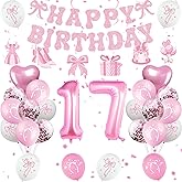 Miidenks 17th Birthday Decorations for Girls, Pink Bow Coquette 17 Birthday Balloons Set,33 Pieces, Includes Banner, Hanging Swirls, Balloons, Perfect for Girls' Party