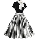 50s Style Dresses for Women Vintage Short Sleeve Tie Neck Swing Dress Midi Prom Dress with Belt
