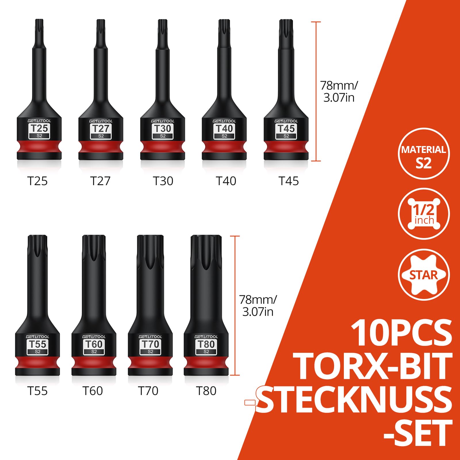 GETLITOOL 1/2" Kraft Torx Bit Schlagschrauber Nüsse Satz, 10tlg S2-Stahl Bit Einsatz Satz T25 - T80, Länge 78 mm Steckschlüsselsatz für Torx Schrauben 2