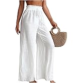 Milumia Women's Summer Linen Bathing Suit Cover Up Swim Beach Pants Sheer Wide Leg Swimsuit Coverup Pants
