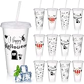 Tiangrid 12 Pcs Halloween Cups with Lids and Straws 24 oz Plastic Glitter Halloween Tumbler Bulk Reusable Cups Water Bottle for Adults Cold Drink Iced Coffee Party Favors Supplies