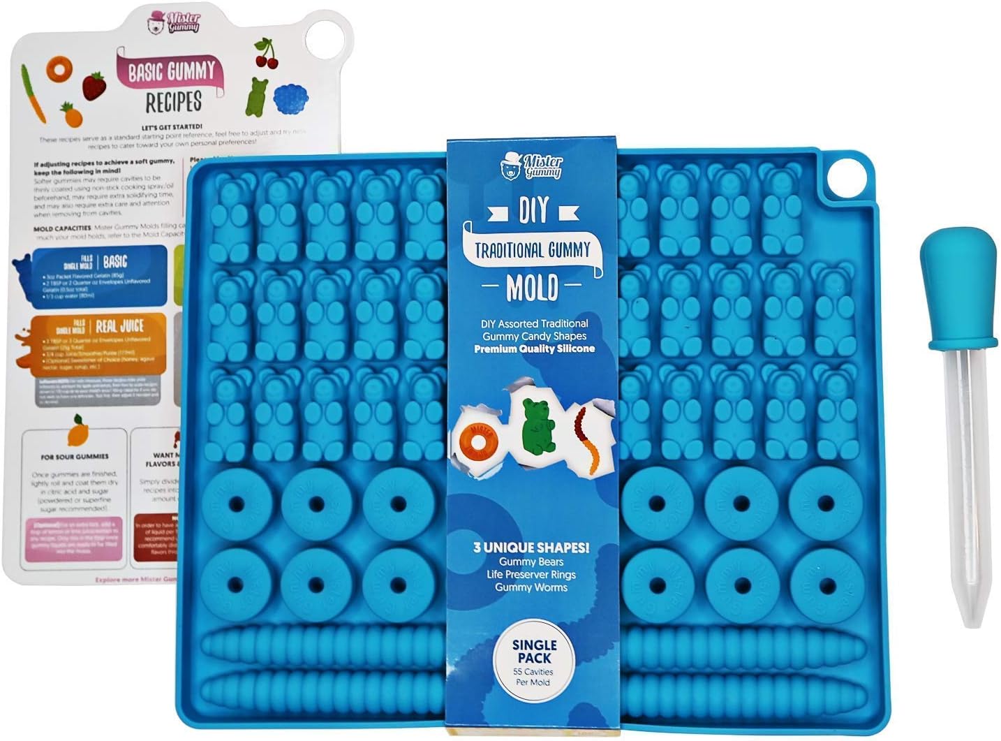 DIY Assorted Traditional Gummy Mold by Mister Gummy | Premium Quality Silicone | Gummy Bears, Rings, and Worms | Traditional Mold + Dropper + Recipe Card + Reusable Zip Lock Bag (Single Pack)