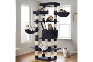 Heybly Cat Tree, 68 inch Multi-Level Cat Tower for Indoor Cats, 2 Widened Plush Perches Cat Condo with Scratching Board and Big Caves, Smoky Gray HCT025G