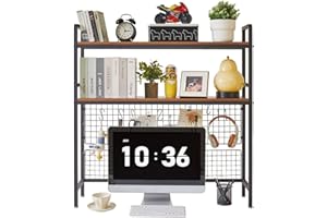 WEAFIEO Desk Hutch Top Only Desktop Bookshelf Wood Storage Display Rack Countertop Organizer Over Computer Desk Shelf for Dorm Office Music Room with Pegboard Hooks Set, 2-Tiers (Black, 45.27×7.87×38.58″)