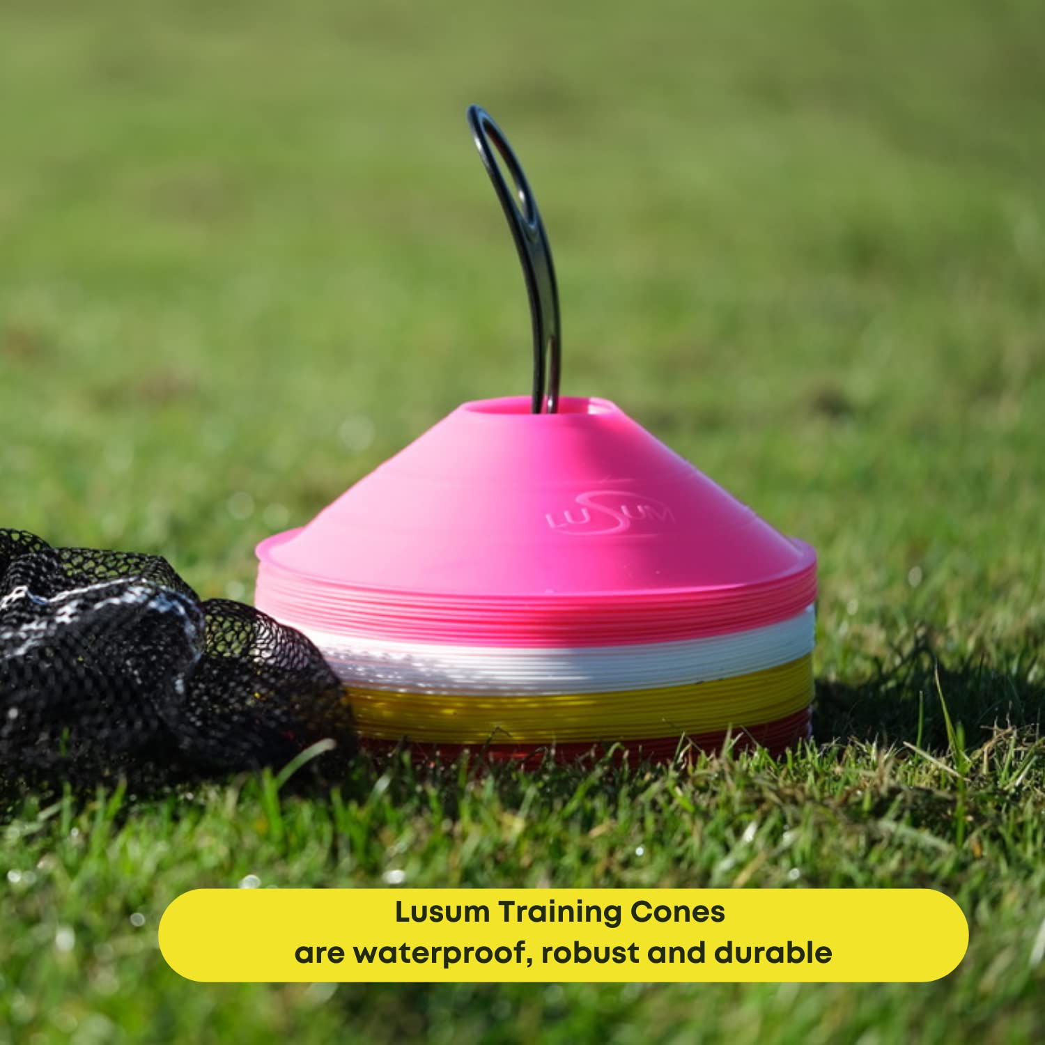 Lusum Set of 50 Sports Safety Space Marker Cones with Stand and Bag - Sports Training Football Cones Set - Indoor/Outdoor Use