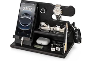 TESLYAR Wood Phone Docking Station for Men - Desk or Nightstand Organizer - Birthday Gifts for Husband or Dad - Anniversary Idea from Wife - Key Holder - Stand Wallet, Watch & Essentials (Deep Black)