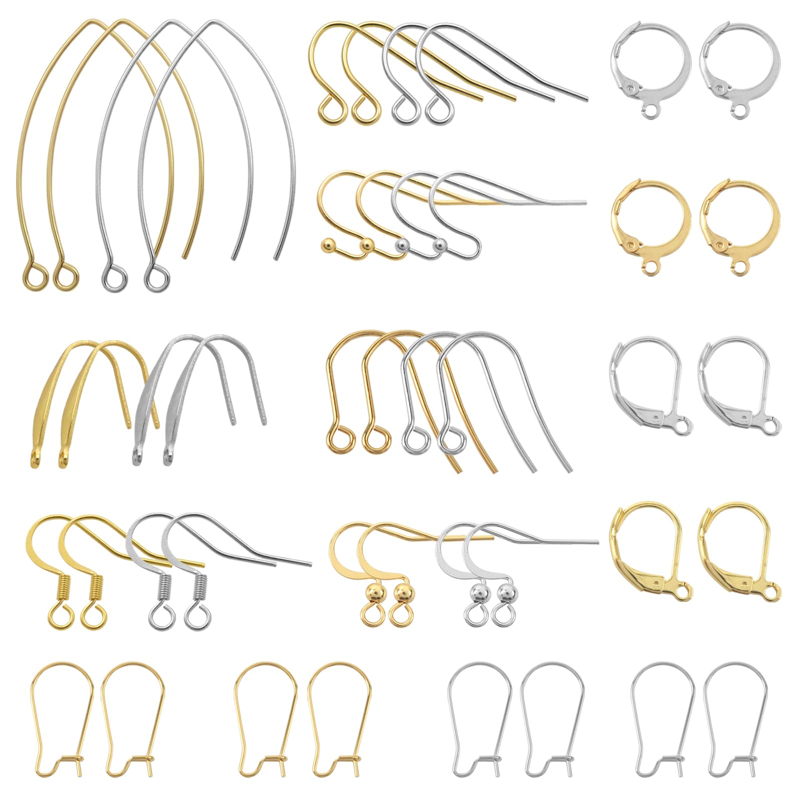 TOAOB 80 Piece Set Earring Hook Set Gold and Silver 10 Styles Stainless Steel French Pyjama Hook Earring Thread Leverback for Jewellery Making
