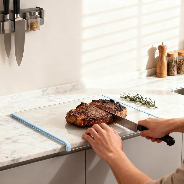 CLEAR GLASS CUTTING BOARD 17X13.3″ CUTTING BOARDS FOR KITCHEN COUNTERTOP,UPGRADED ACRYLIC CUTTING BOARD,PERFECT FOR BREAD,MEAT,VEGGIES & MORE,KITCHEN ESSENTIAL GADGETS (BLUE)