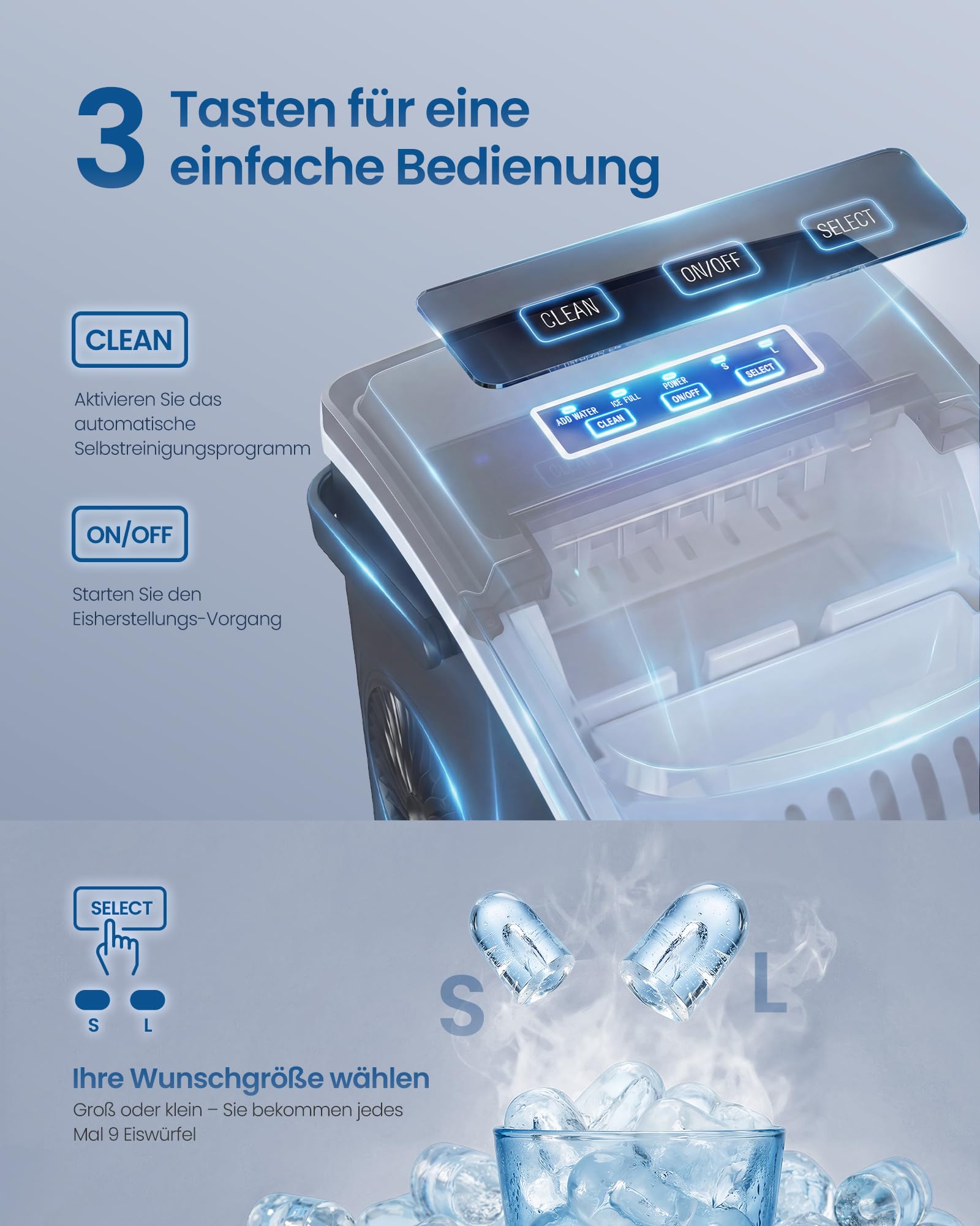 SONGMICS Eiswürfelmaschine, Eiswürfelbereiter, Eismaschine mit Selbstreinigung, in 6 Minuten 9 Würfel in 2 Größen, 12 kg in 24 Stunden, tragbar, Küche, WG, Party, Camping, tintenschwarz XZB001B1EU 5