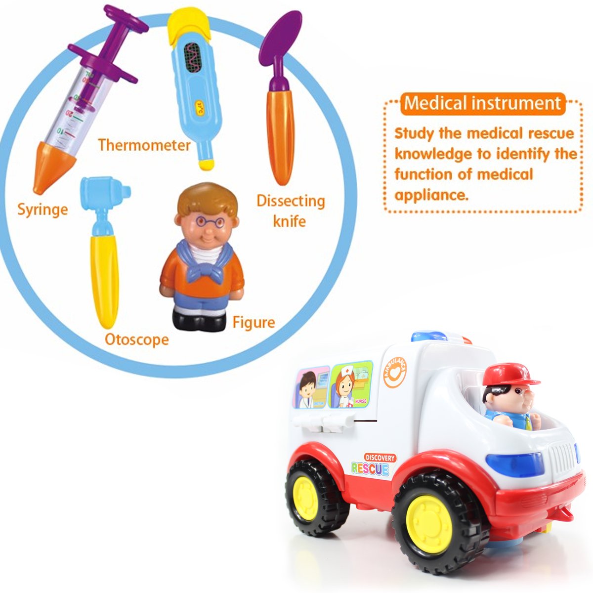 fisca Baby Toys Musical Ambulance Doctor Vehicle Set for Baby & Toddler, Learning Educational Medical Kit Car with Lights and Sounds - Intellectual Self Driving Truck