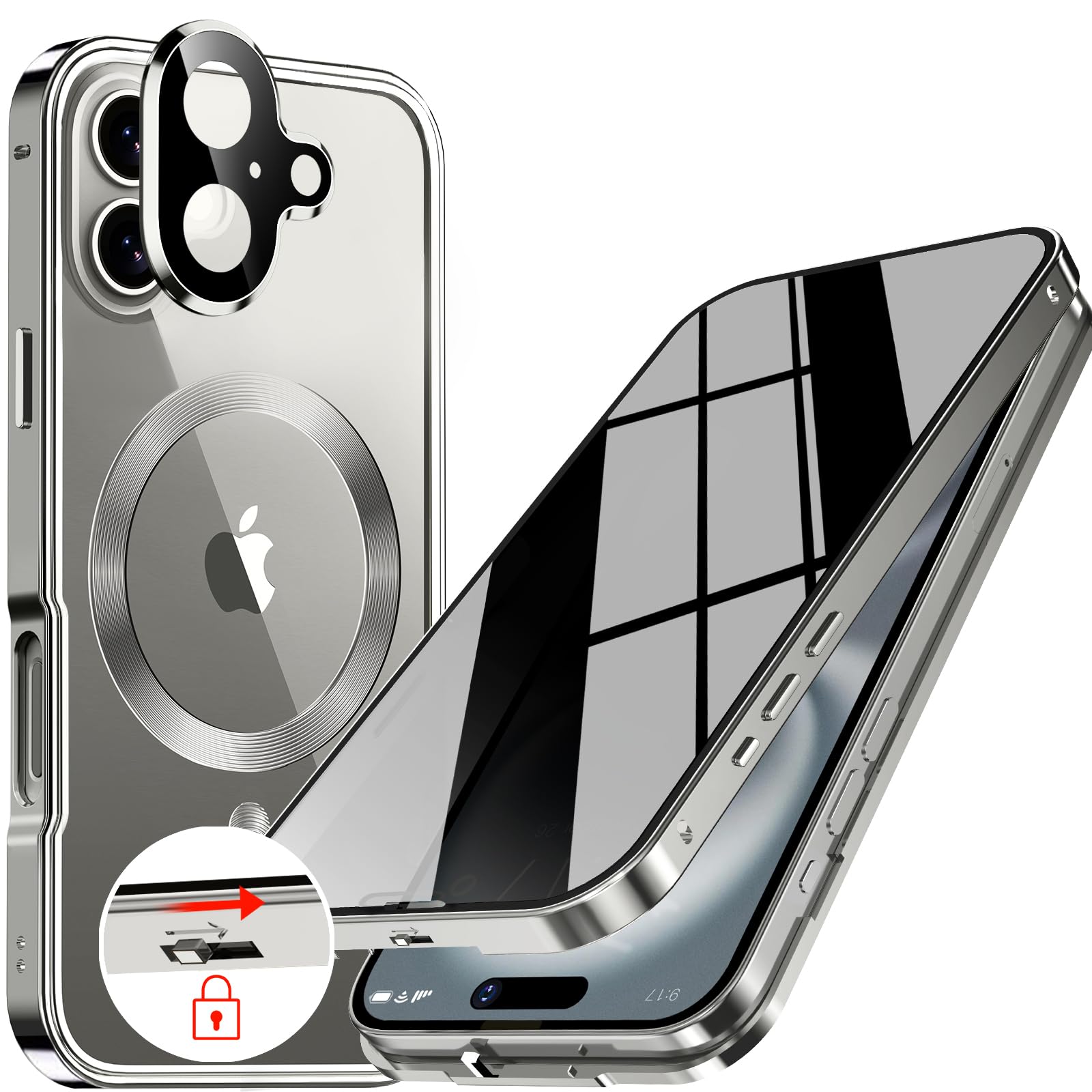 Upholyee [CD Metal Ring & Automatic Pop-up Lock Magnetic Privacy Case for iPhone 16 Plus [Compatible with MagSafe] [Integrated Lens Protection] Full Body Bumper Cover with Built-in 9H Glass-Gray