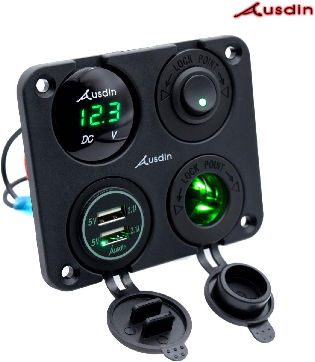 Led Rocker Switch Panel, Ausdin Heavy Duty Aluminum Rocker Switch Waterproof Panel Dual USB Socket 4.2A Charger 16AWG Wiring Harness Waterproof Switch Panel Rocker Switch Panel