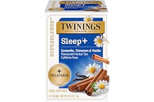 Twinings Superblends Sleep+ Herbal Tea with 1mg Melatonin Camomile, Cinnamon & Vanilla, Naturally Caffeine-Free, 16 Tea Bags (Pack of 1), Enjoy Hot or Iced