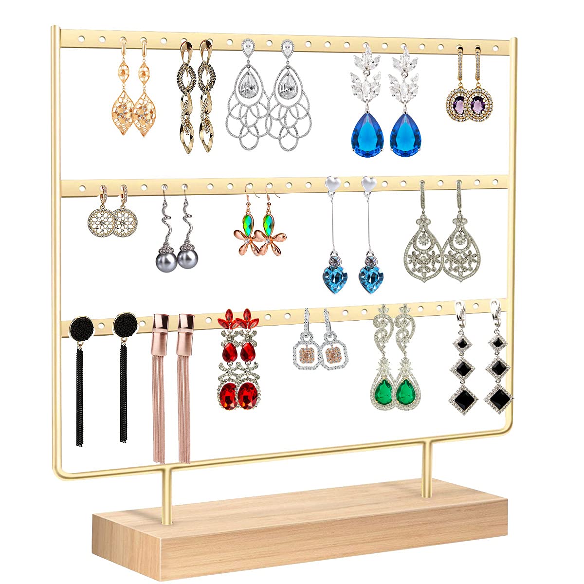Discoball Earring Holder Stand, 3 Tier Tabletop Earring Display Stand – 66 Holes Wood & Metal Hanging Jewelry Organizer for Studs, Dangle & Hoop Earrings – Gift for Women (Earrings Not Included)