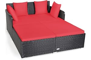 Tangkula Outdoor Rattan Daybed, Sunbed Wicker Furniture w/Spacious Seat, Upholstered Cushion & High-Resilience Sponge, Wicker Patio Sofa Set w/Extra Pillows for Courtyard Poolside(Red)