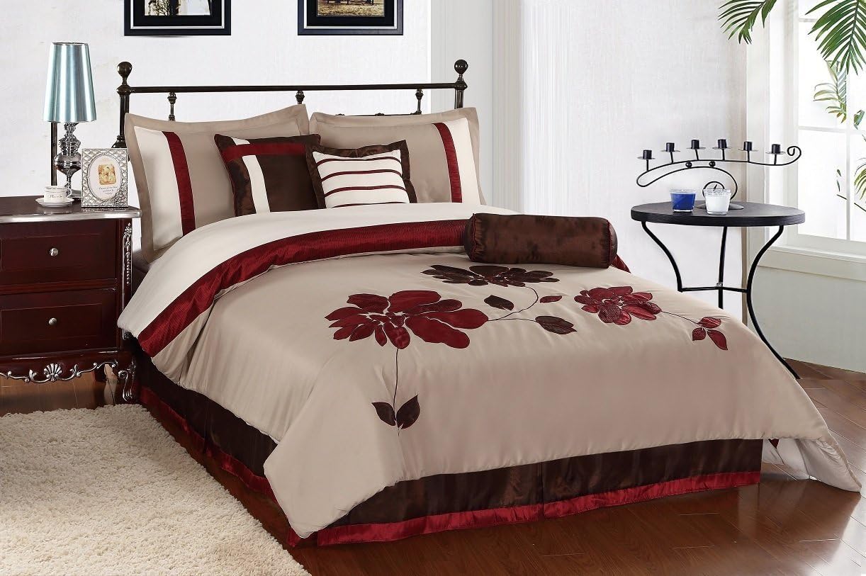Amazon.com: 7 Piece Queen Maroon Applique Floral Bedding ...