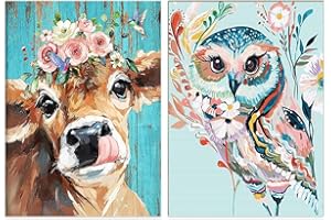 OFRKE 2-Piece Diamond Painting Kitsfor Adults, 5D DlYFull Drill Round Art Gems Owland Cow Diamond Art Perfect for Home Wall Deco Diamond 12"x16"