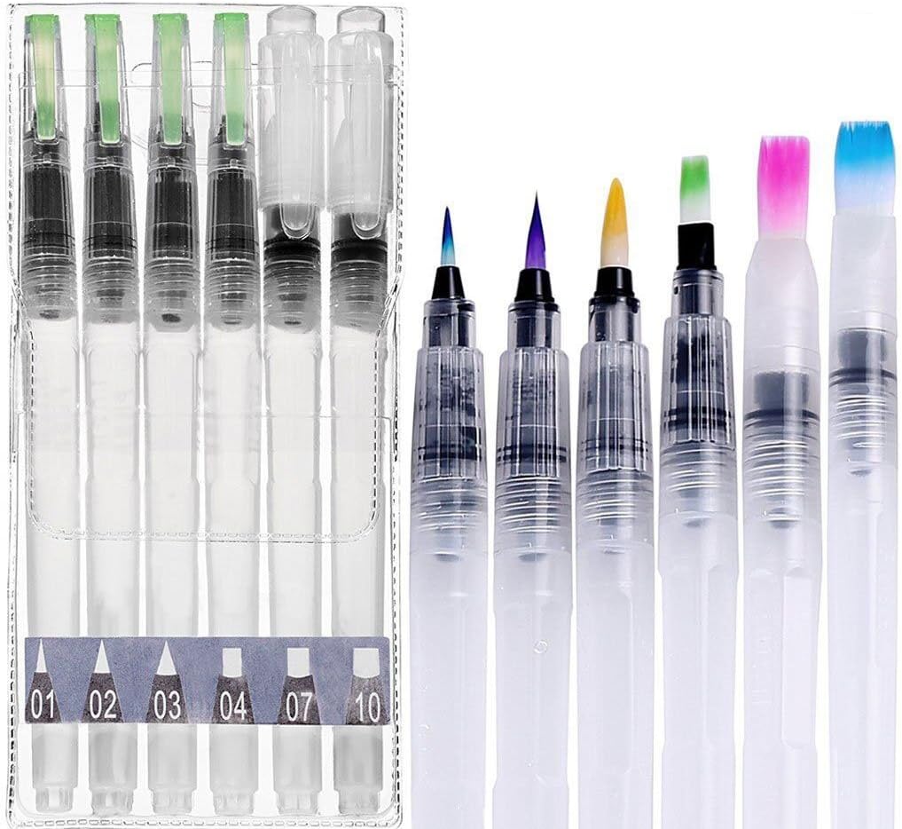 6 Pcs Water air Brush Pen Sets Assorted Brush Tips for Solid Cake Colors for Kids New Learners,Easy Cleaning with Water