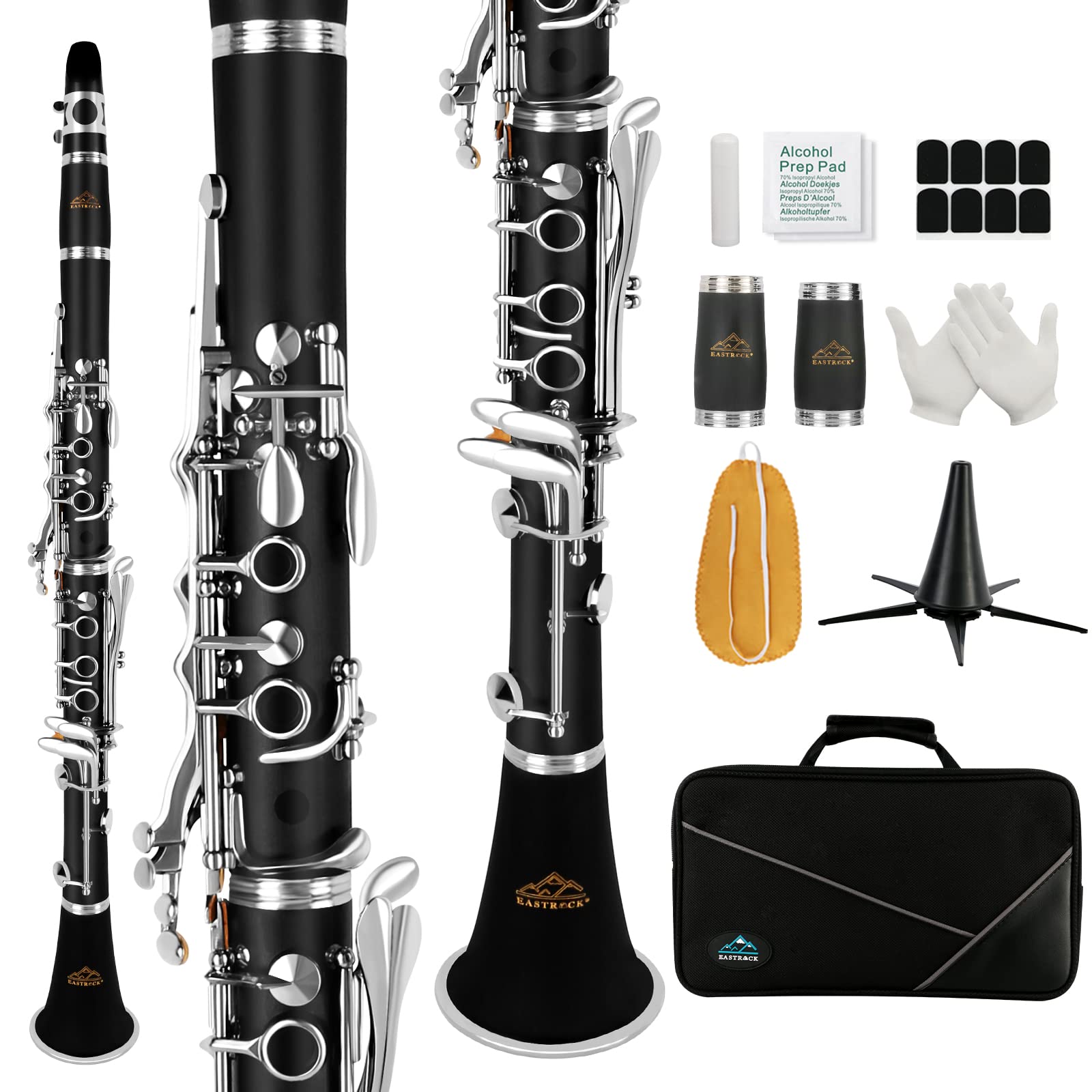 B Flat Clarinet for Beginners, Student Bb Clarinet 17 Nickel-plated Keys,Clarinet ABS with 2 Barrels Hard Case Stand 8 Mouthpiece Cushion Clarinet Cleaning Kit (Black)