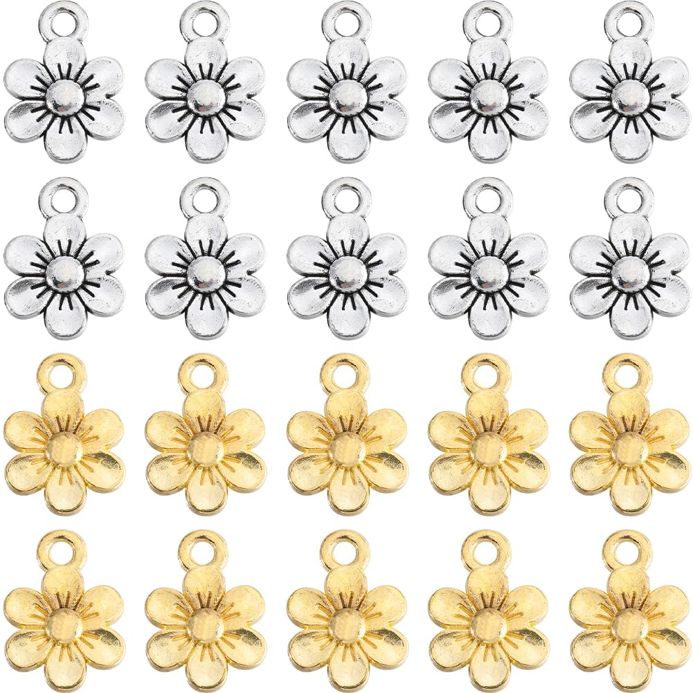 SUNNYCLUE 1 Box 100Pcs Gold Silver Flowers Charms Floral Charm Alloy Metal Silver Gold Cute Small Spring Plant Blossom Charm for jewellery Making Charms Accessories Necklace Bracelet DIY Making Crafti