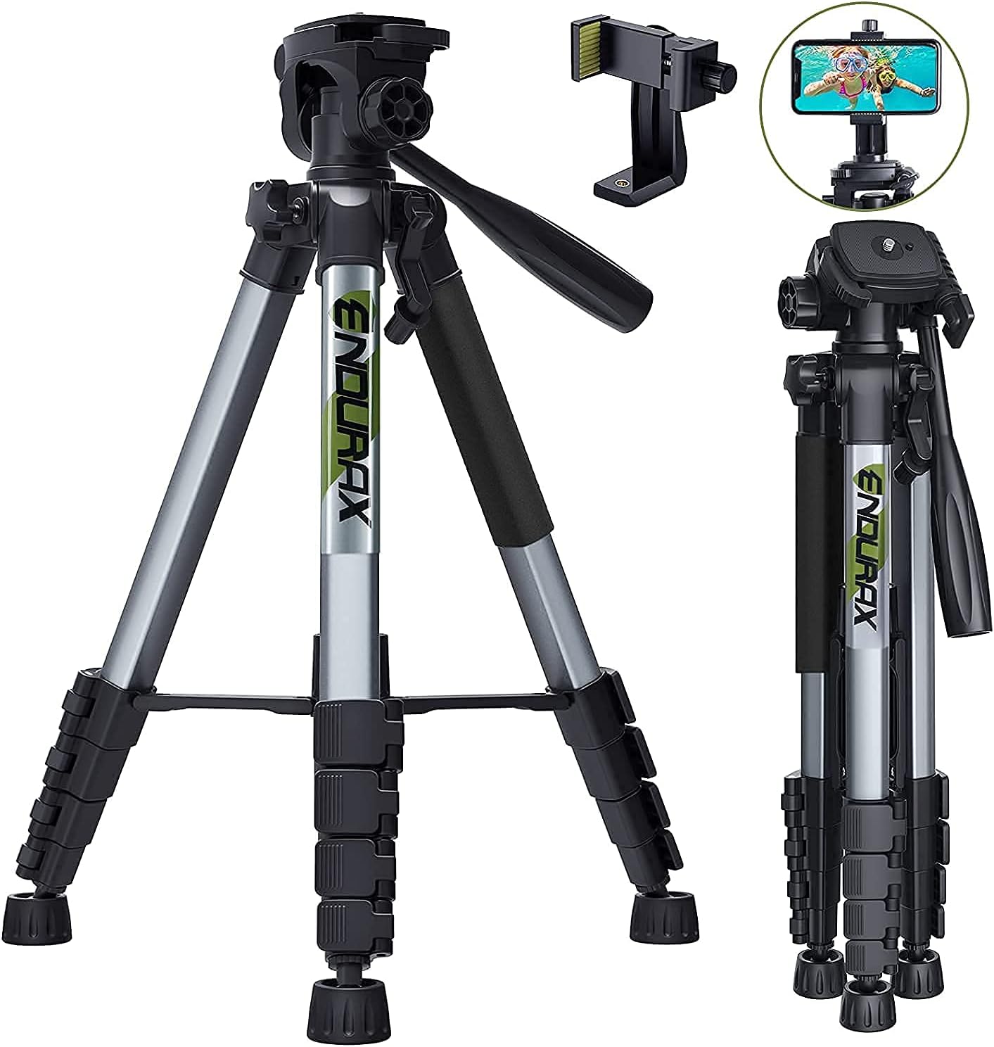 Endurax 66" Video Camera Tripod Compatible with Canon Nikon Lightweight Aluminum Travel DSLR Camera Stand with Universal Phone Holder Mount and Carry Bag : Camera & Photo