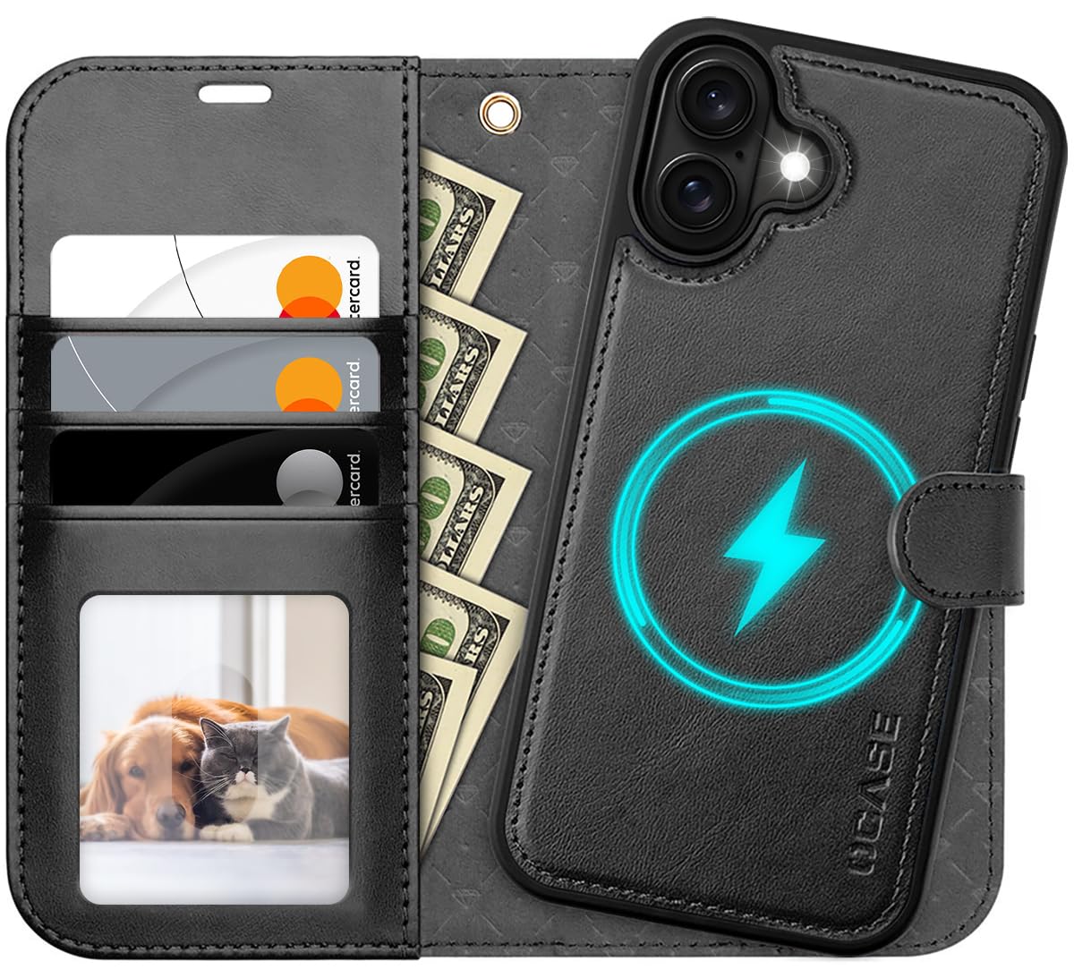 OCASE for iPhone 16 Case, Detachable 2 in 1 PU Leather Wallet Case with RFID Blocking, Wireless Charging, Card Holders, Kickstand, Shockproof Removable Phone Cover, Black Graphite