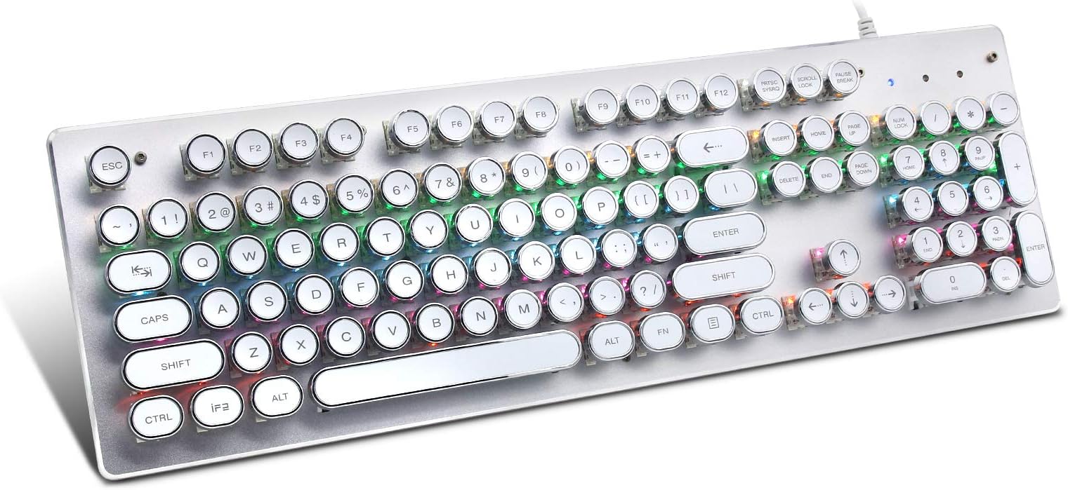 Typewriter Keyboard Retro Keyboard LED Rainbow Backlit Mechanical Gaming Keyboard Metal Base and Round Keycaps Anti Ghosting Small Mechanical Gamers Keyboard 104 Key Metal Computer USB Gaming Keyboard
