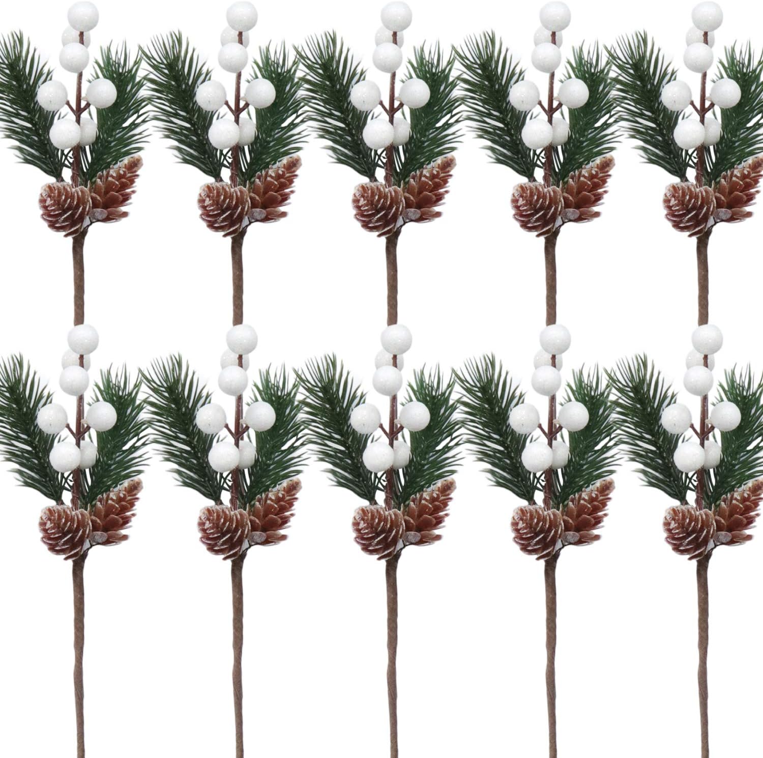 10 Pack Artificial Christmas Pine Picks Branches Floral Picks Stems with Pinecones White Berries Christmas Ornaments for Christmas Tree Winter Décor Holiday Crafts, Xmas Decorations 8.5" Tall (10)