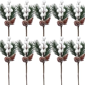 10 Pack Artificial Christmas Pine Picks Branches Floral Picks Stems with Pinecones White Berries Christmas Ornaments for Christmas Tree Winter Décor Holiday Crafts, Xmas Decorations 8.5" Tall (10)