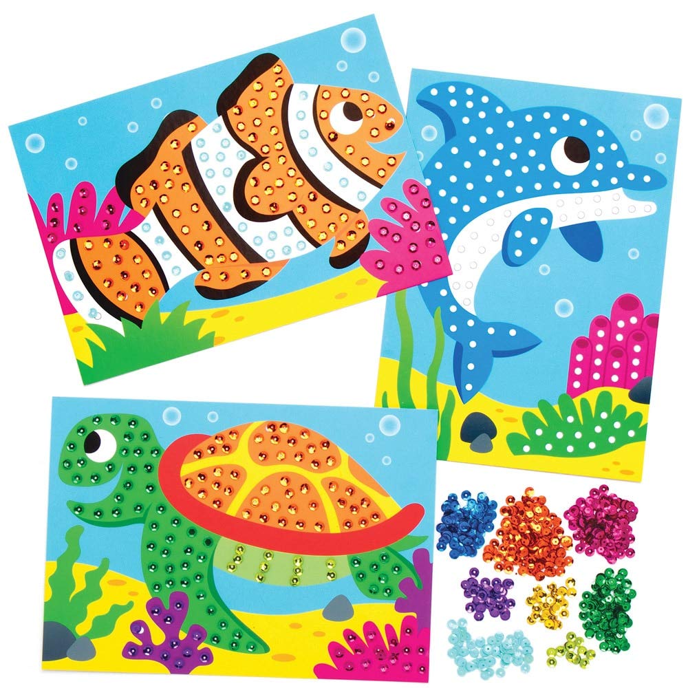 Baker Ross AX142 Sealife Sequin Art Pictures - Pack of 4, Animal Crafts for Kids Art Sessions to Make, Decorate and Display,Blue,Green,Orange,Pink,Purple,White