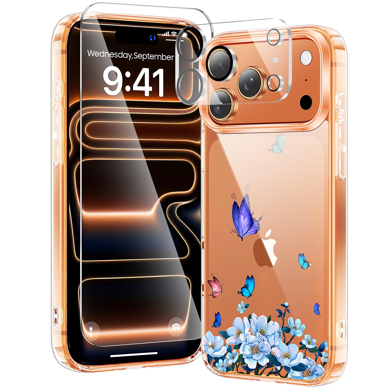 toushion 3 in 1 for iPhone 17 Pro Max Case Clear Printed Design | Yellowing-Resistant Acrylic Back, Screen Protector *1 & Camera Lens Protector*1, Military-Grade Protection