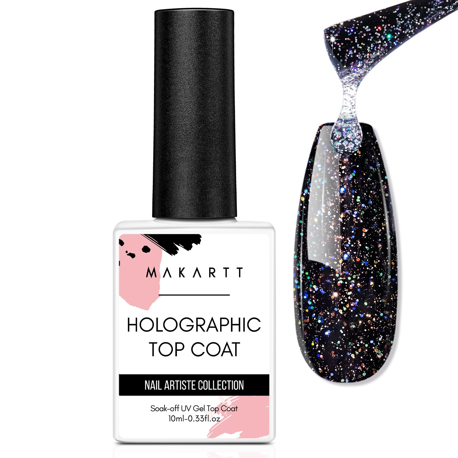 Makartt Glitter Top Coat Gel, No Wipe Holographic Shiny Finish Long Lasting Soak Off High Gloss Gel for Acrylic Nails, Nail Salon & Home DIY Use