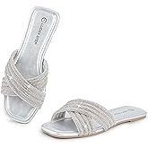 LUCKY STEP Women's Rhinestone Flat Sandals Open Toe Summer Glitter Bling Sparkle Dressy Slip on Outdoor Crossed Strap Slide