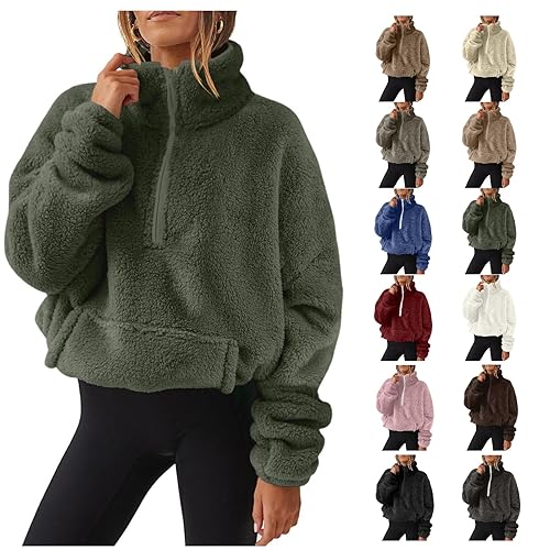 Fleece Jacket Women Long Sleeve Stand Collar Half Zip Teddy Fleece Tunic Tops Jumpers Pullover Tops Sweatshirts Loose Fit Casual Fluffy Fall Winter Warm Coats Green Xl