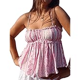 Women Babydoll Tank Tops Y2K Square Neck Smocked Bow Cami Tops Cute Floral Print Ruffled Hem Crop Top