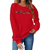 NEWWEN Cat Christmas Sweatshirts for Women Meowy Christmas Shirts Cat Lover Gifts Pullover Xmas Lights Holiday Party Tops
