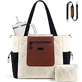Waookely Puffer Tote Bags for Women, Quilted Puffy Laptop Bag with Luggage Sleeve & Cup Holder for Travel Work Teacher Nurse