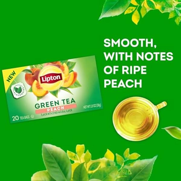 LIPTON PEACH GREEN TEA BAGS, FLAVORED, UNSWEETENED TEABAGS FOR HOT TEA OR PEACH ICED TEA WITH CAFFEINE AND FLAVONOIDS, 20 TOTAL TEA BAGS