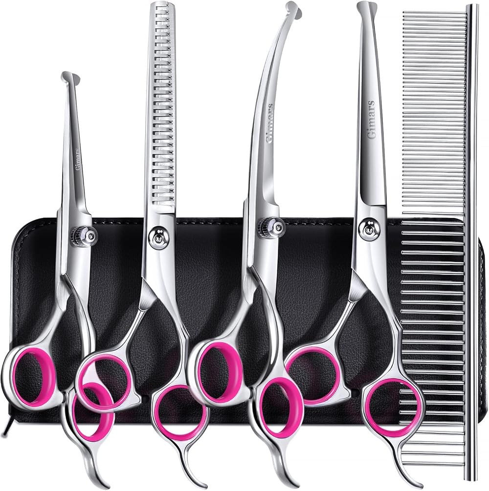Gimars 4CR Stainless Steel 6 in 1 Dog Grooming Scissors Kit Pink